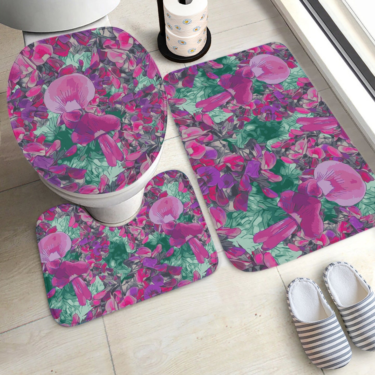 Floral Wild Flower Bathroom Rug Set - Holly-Leaved Mirbelia - Mirbelia dilatata, West Australian Wild Flowers.