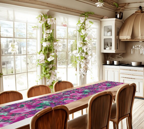 Floral Wild Flower Table Runner Size: 70''×13'' - Holly-Leaved Mirbelia - Mirbelia dilatata, West Australian Wild Flowers.