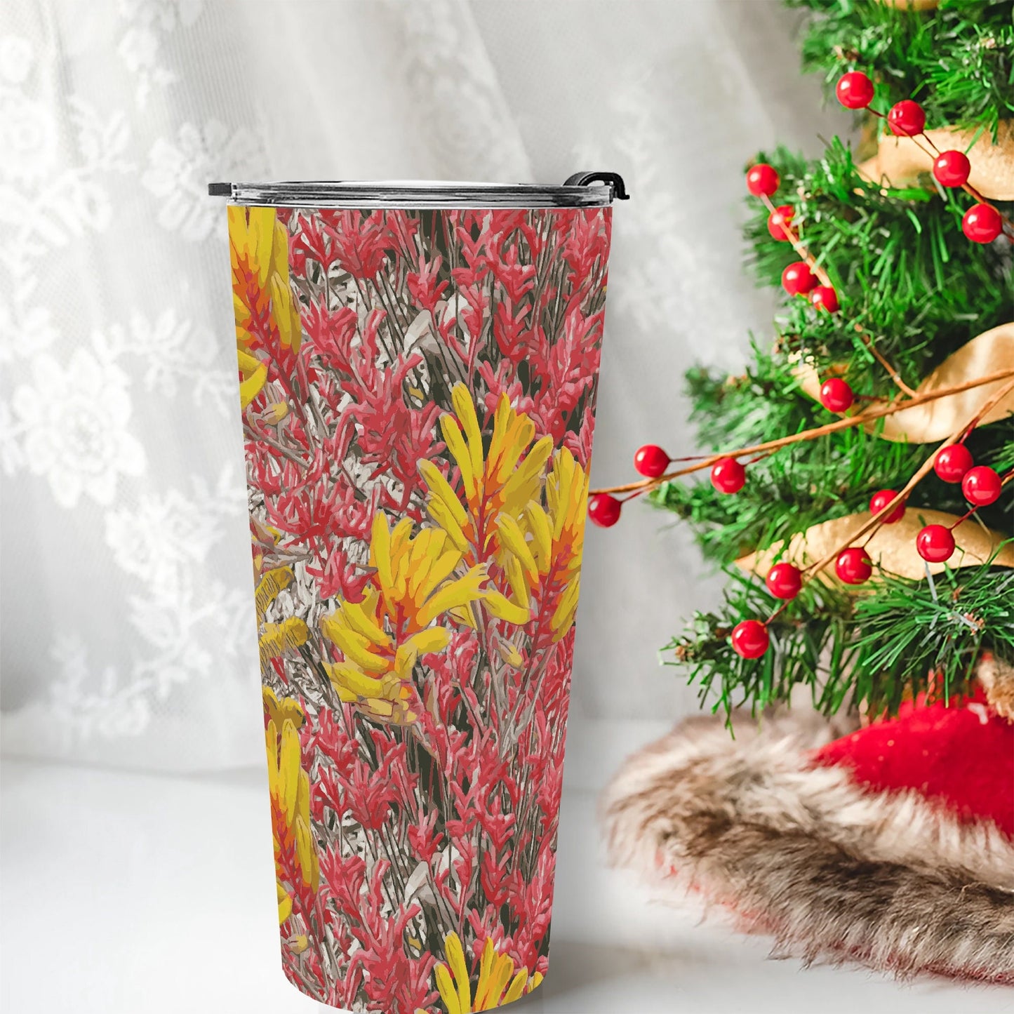 Floral Wild Flower Vacuum Insulated  Coffee Cup 30 oz - Anigozanthos flavidu (Kangaroo Paw), West Australian Wild Flowers.