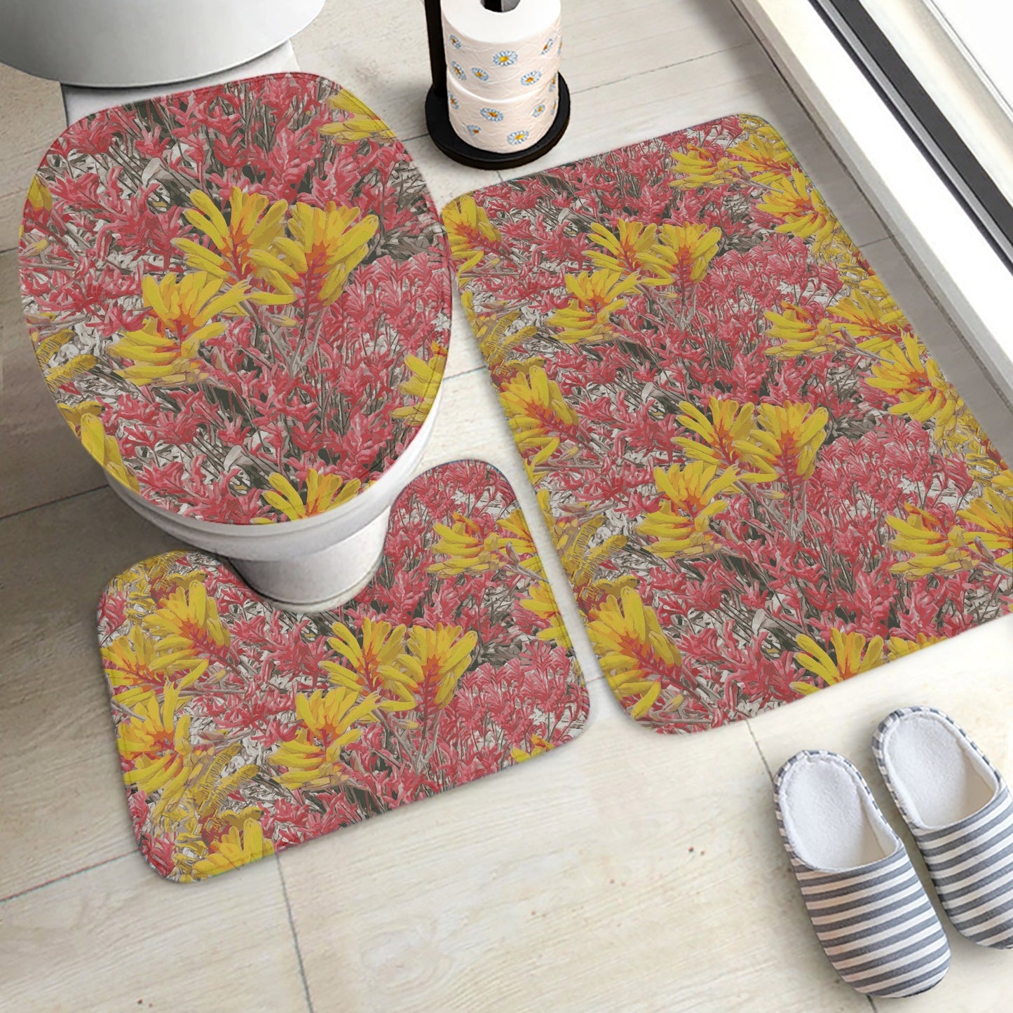 Floral Wild Flower Bathroom Rug Set - Anigozanthos flavidu (Kangaroo Paw), West Australian Wild Flowers.