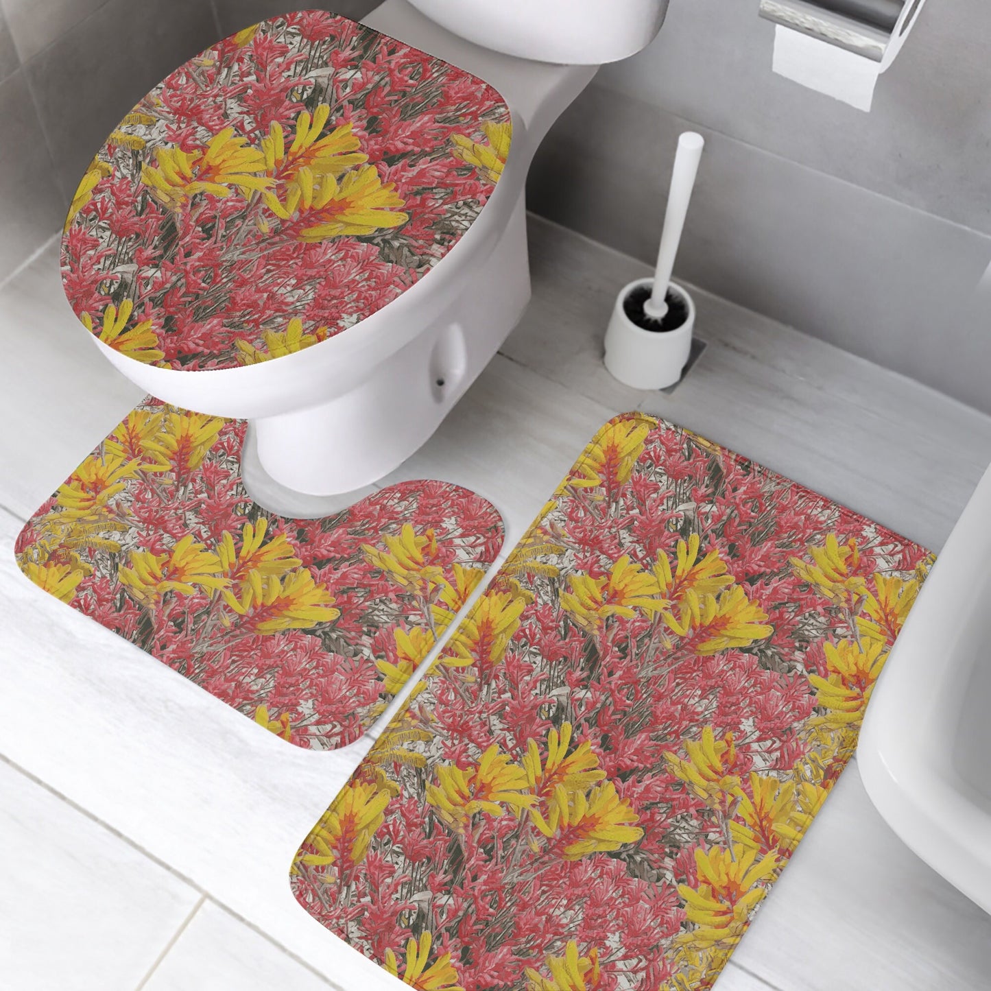 Floral Wild Flower Bathroom Rug Set - Anigozanthos flavidu (Kangaroo Paw), West Australian Wild Flowers.