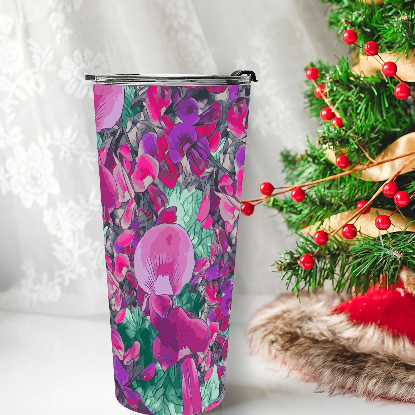 Floral Wild Flower Vacuum Insulated  Coffee Cup - Holly-Leaved Mirbelia - Mirbelia dilatata, West Australian Wild Flowers.