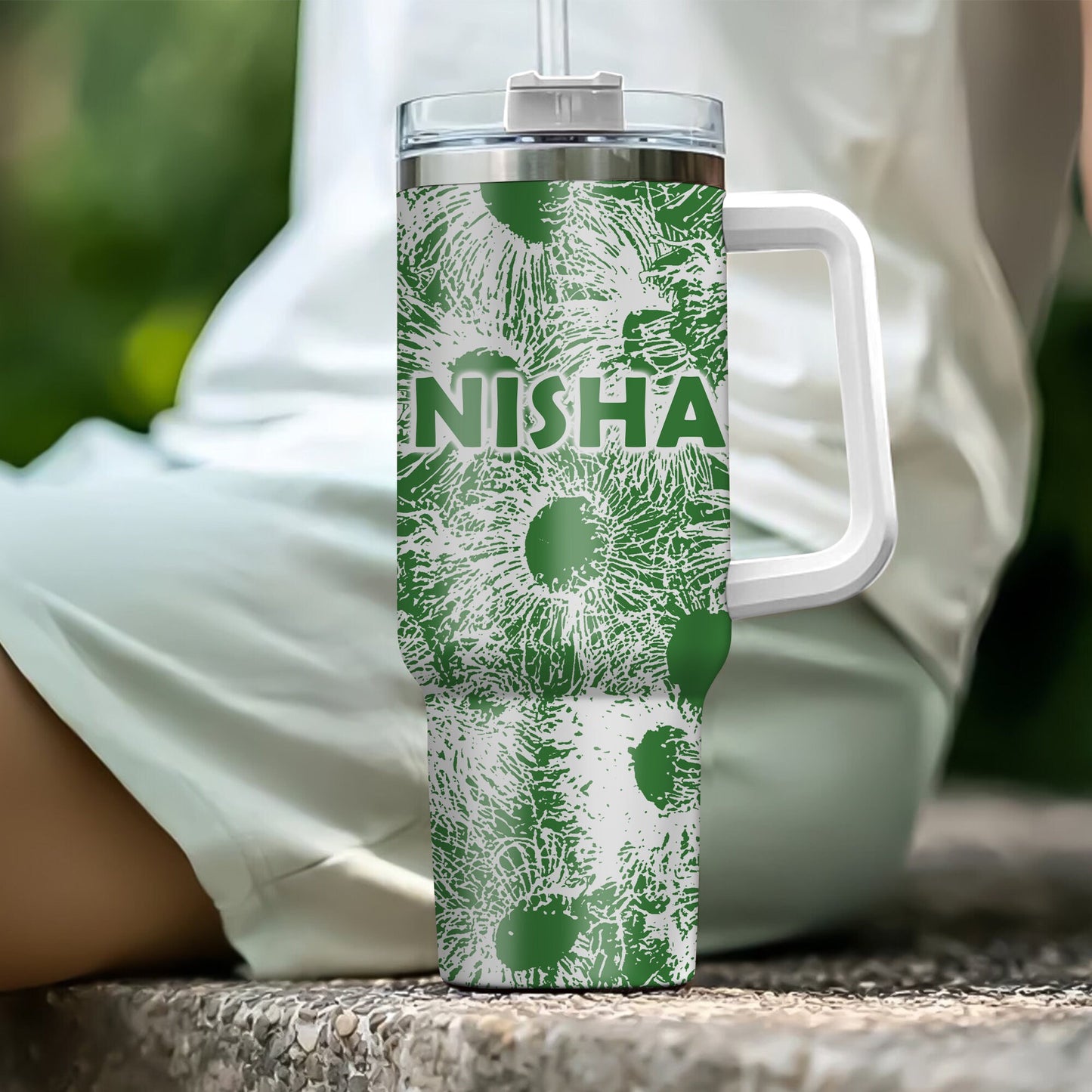 Personalized 40oz Tumbler With Handle Lid and Straw, Australian Floral Graphic of Gum Tree Blossom, Insulated, Gifts for Her, Custom Name