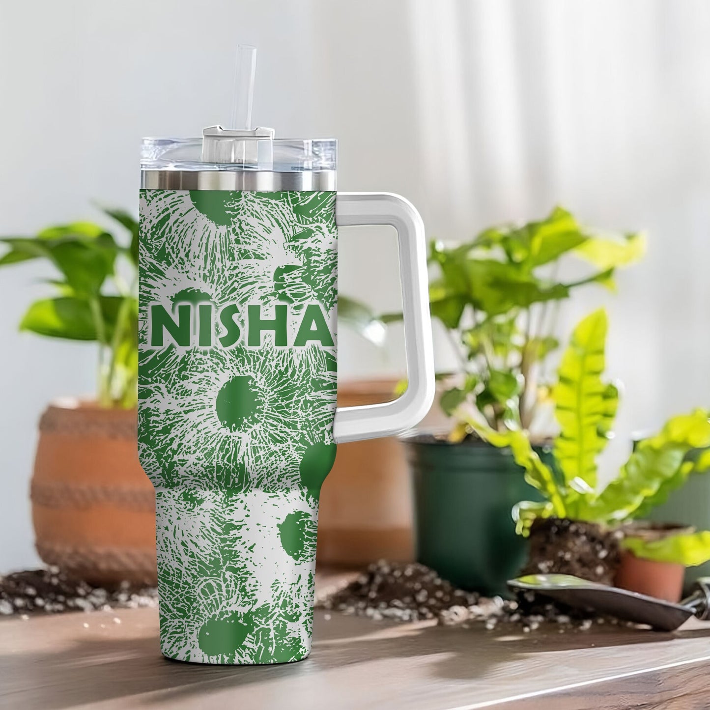 Personalized 40oz Tumbler With Handle Lid and Straw, Australian Floral Graphic of Gum Tree Blossom, Insulated, Gifts for Her, Custom Name